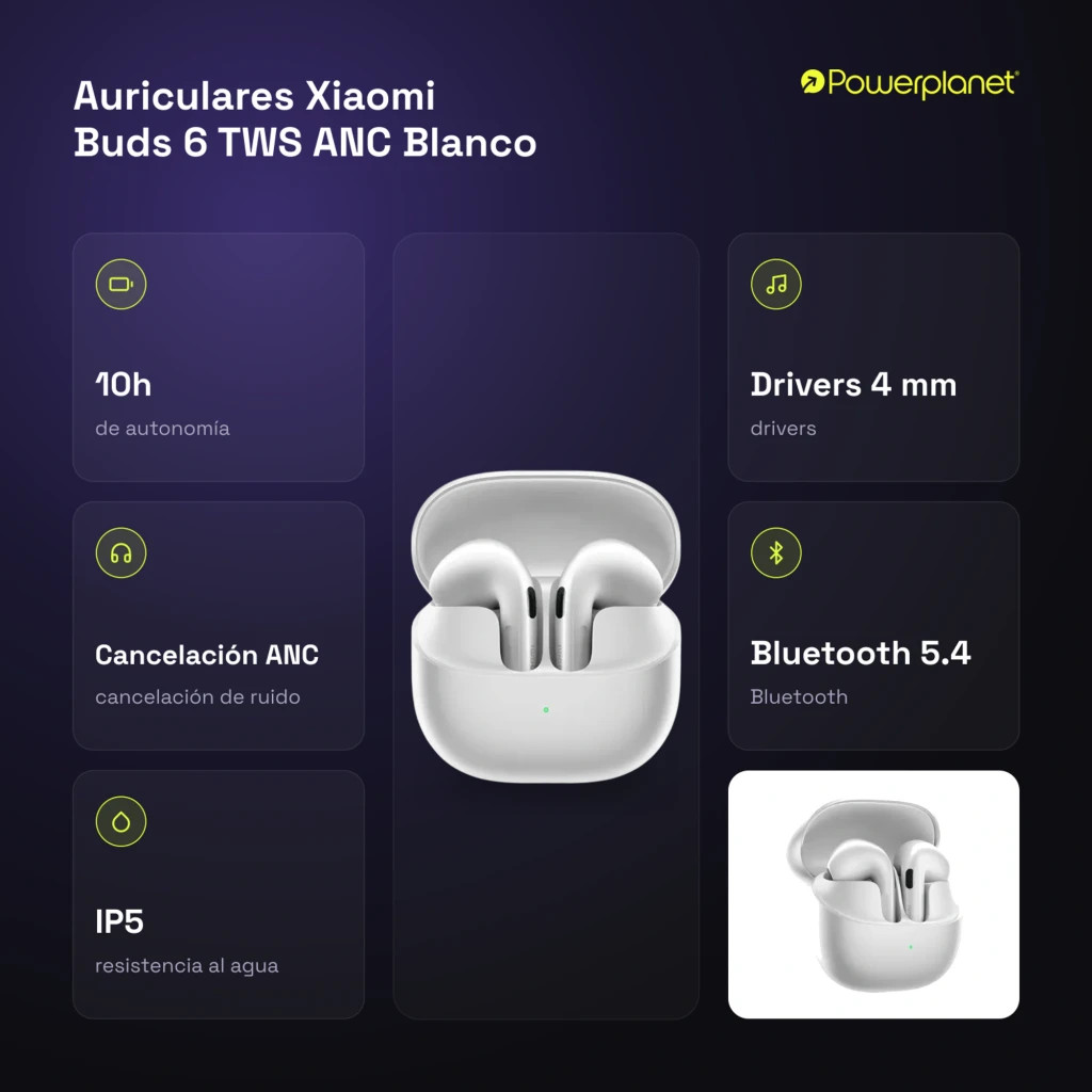 Xiaomi Buds 6 Branco TWS ANC Bluetooth 5.4 35h IP54 Multiponto Auriculares sem fios - Imagem 3
