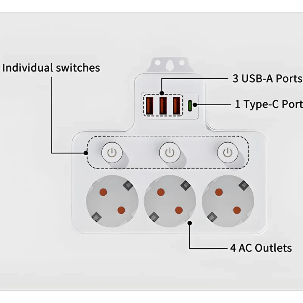 Regleta de tomadas 1 USB-C, 3 USB-A, 4 AC com interruptores individuais - Imagem 2