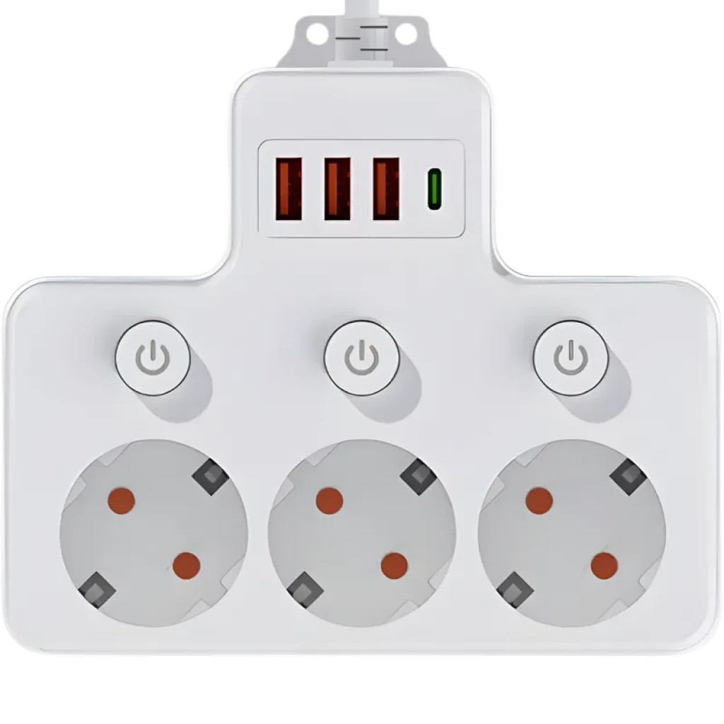 Regleta de tomadas 1 USB-C, 3 USB-A, 4 AC com interruptores individuais