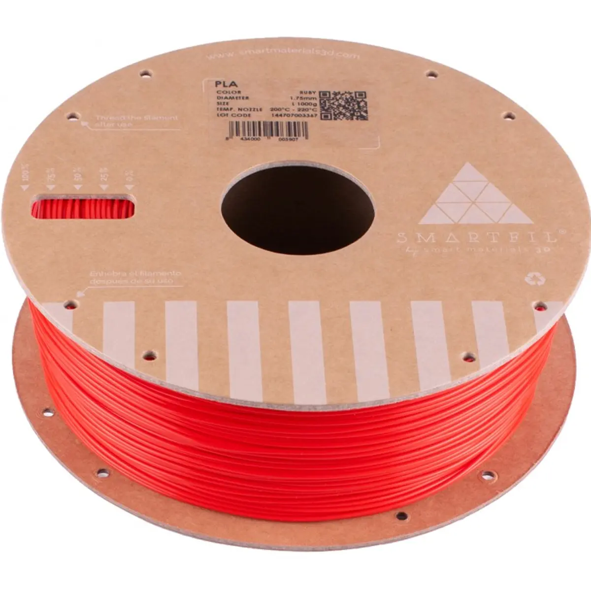 SMARTFIL -  Rolo de filamento de impressão 3D em PLA de 1.75mm - Vermelho (Ruby) - 1000g