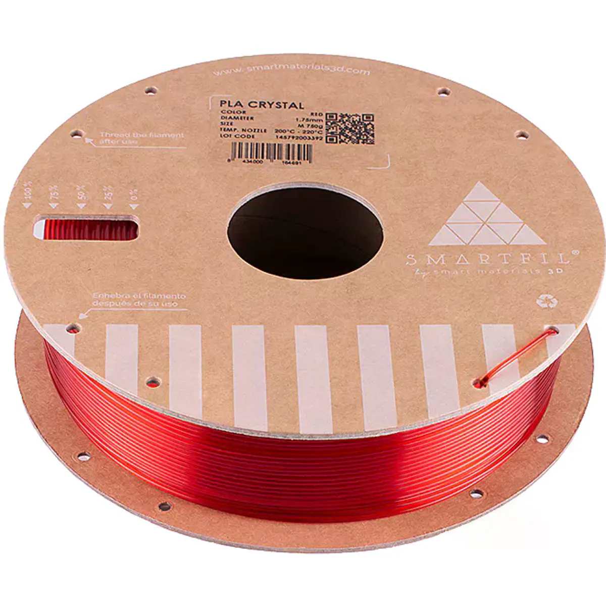 SMARTFIL -  Rolo de filamento de impressão 3D em PLA CRYSTAL de 1.75mm - Vermelho Translúcido - 1000g