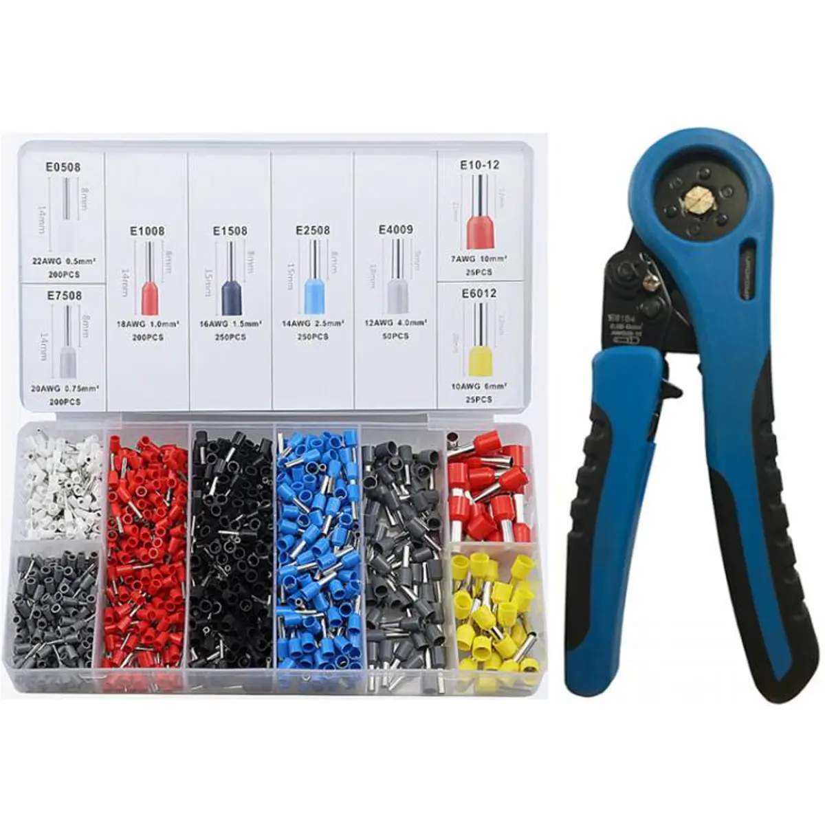 Conjunto de 1200 ponteiras isoladas (0.06-10mm²) com alicate de cravar hexagonal [6 lâminas]